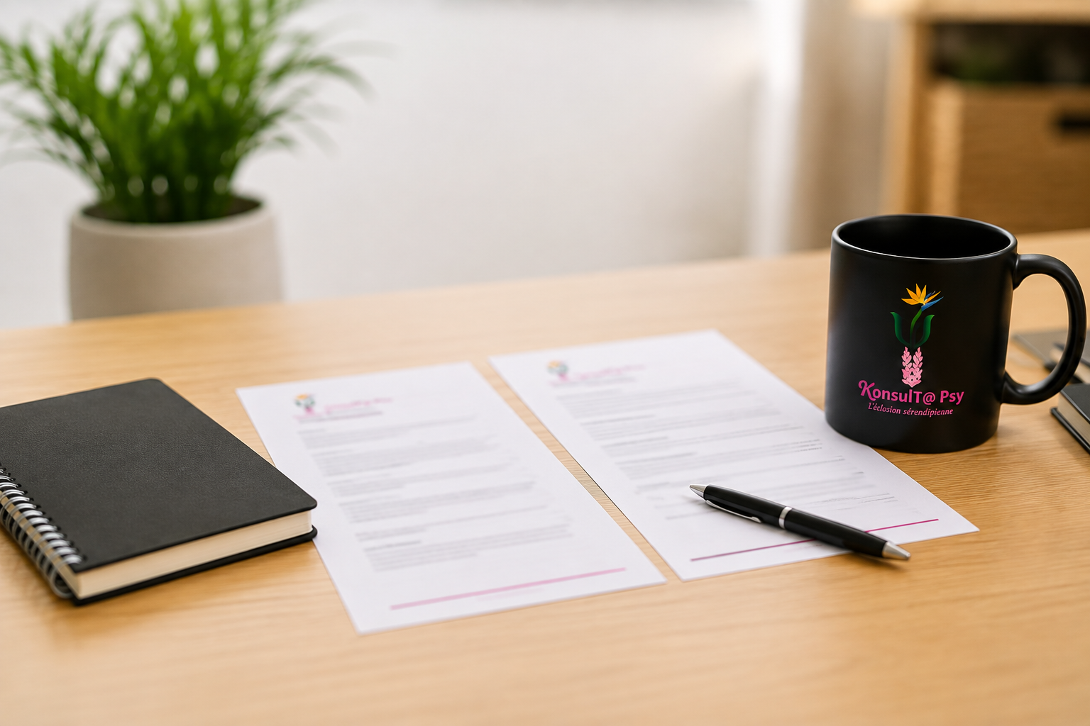 Ambiance professionnelle : bureau, cahier, documents et tasse KonsulT@ Psy